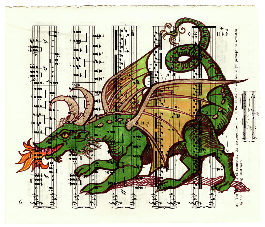 Musical Medieval Dragon Drawing by Katherine Nutt