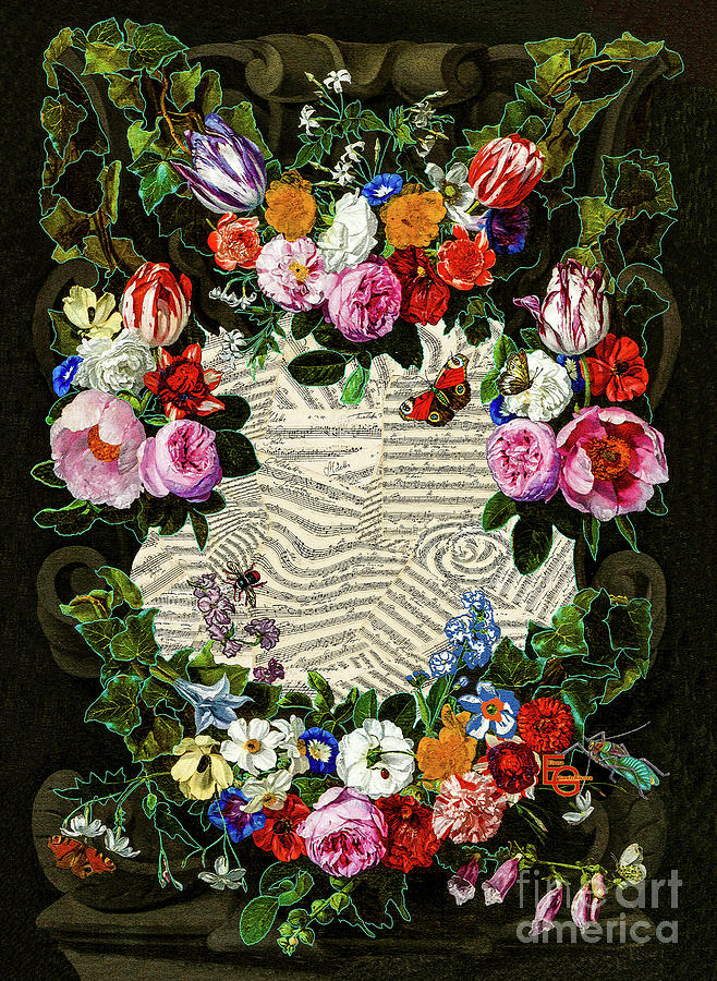 Musical score in a frame of bouquets of roses, lilies, bells with butterflies, insects, grasshopper Mixed Media by Elena Gantchikova
