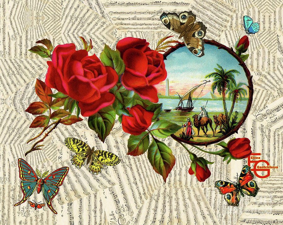 Musical score, music collage with bouquet of roses and butterflies Mixed Media by Elena Gantchikova