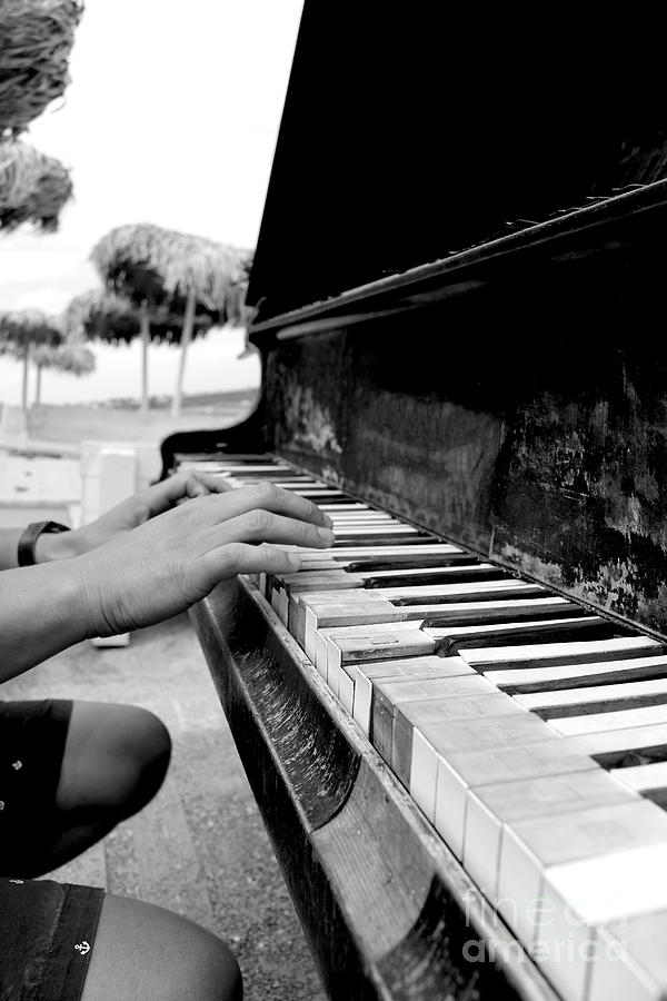 Musician Playing Piano On A Beach In Black And White Photograph