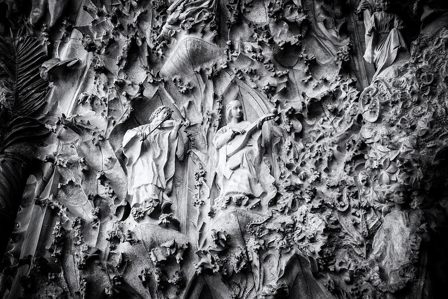 Musicians Sculptures - Gaudi, Sagrada Famiglia, Barcelona - Black and White Photograph by Andreea Eva Herczegh