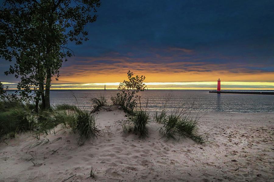 Muskegon Beach and Lighthouse Sunset IMG_5857 Photograph by Michael Thomas