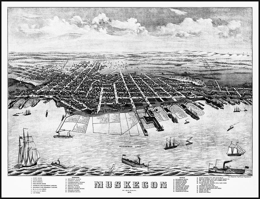 Muskegon Michigan Vintage Map Birds Eye View 1874 Black And White 