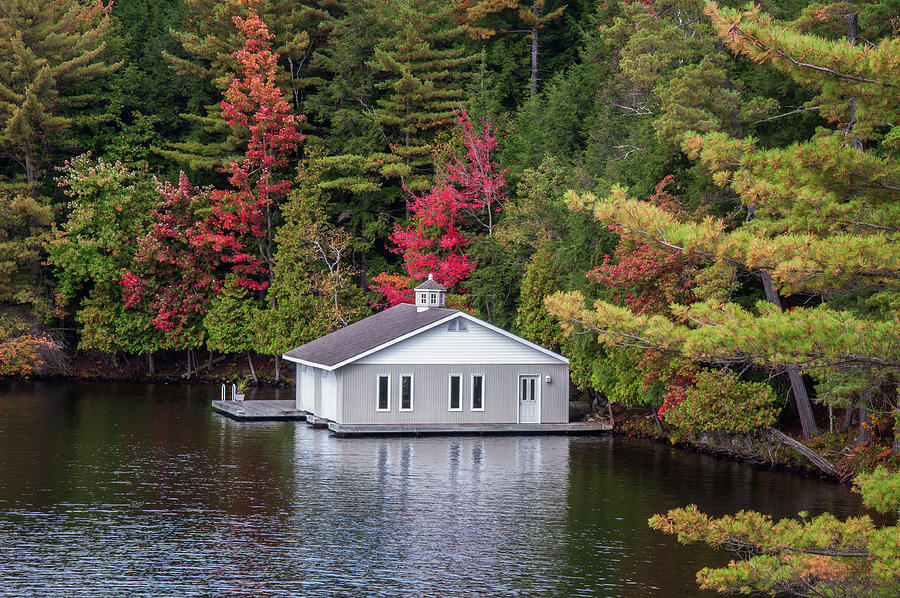 Muskoka Boathouse in Autumn Photograph by Andrew Wilson
