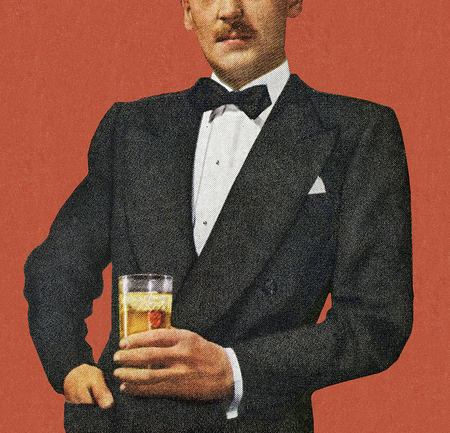 Mustache Man In Tuxedo Holding Drink Drawing by CSA-Printstock