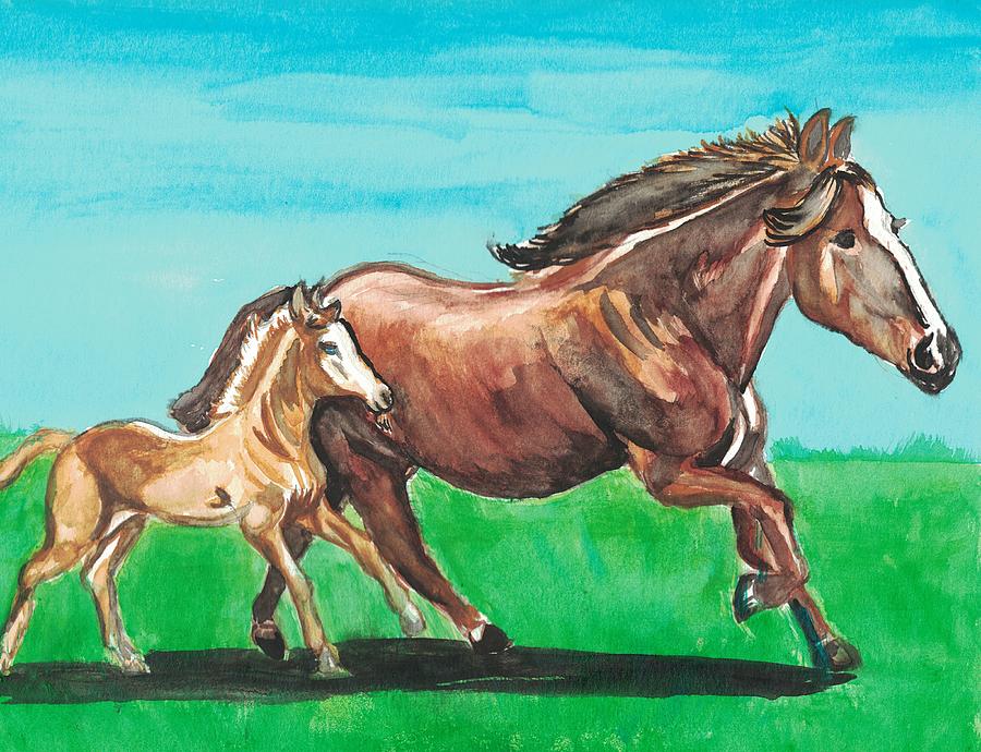 Mustang and her colt Painting by Theresa Ford | Pixels