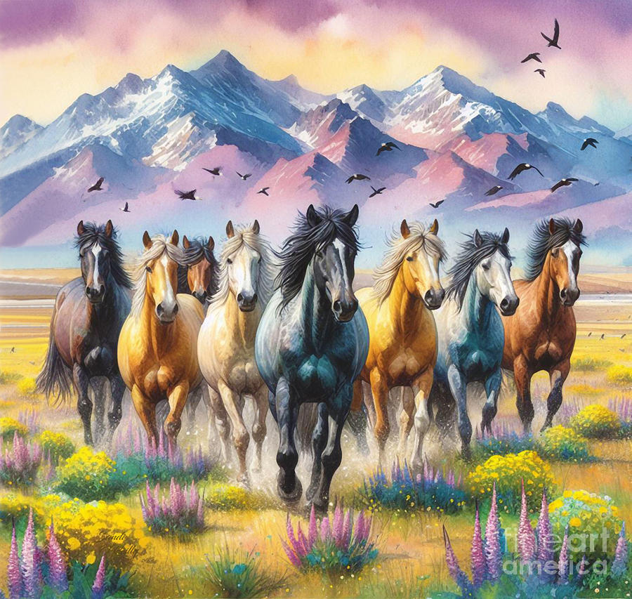 Mustang Horses Running On the Mountain Plains Mixed Media by Sandi OReilly