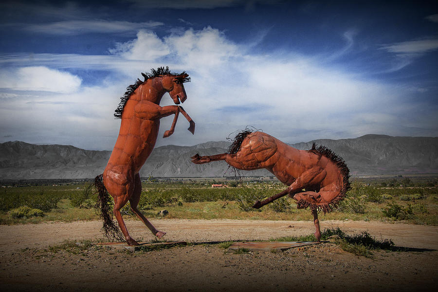 Mustang Metal Horse Sculptures Fighting in the California Desert Photograph by Randall Nyhof