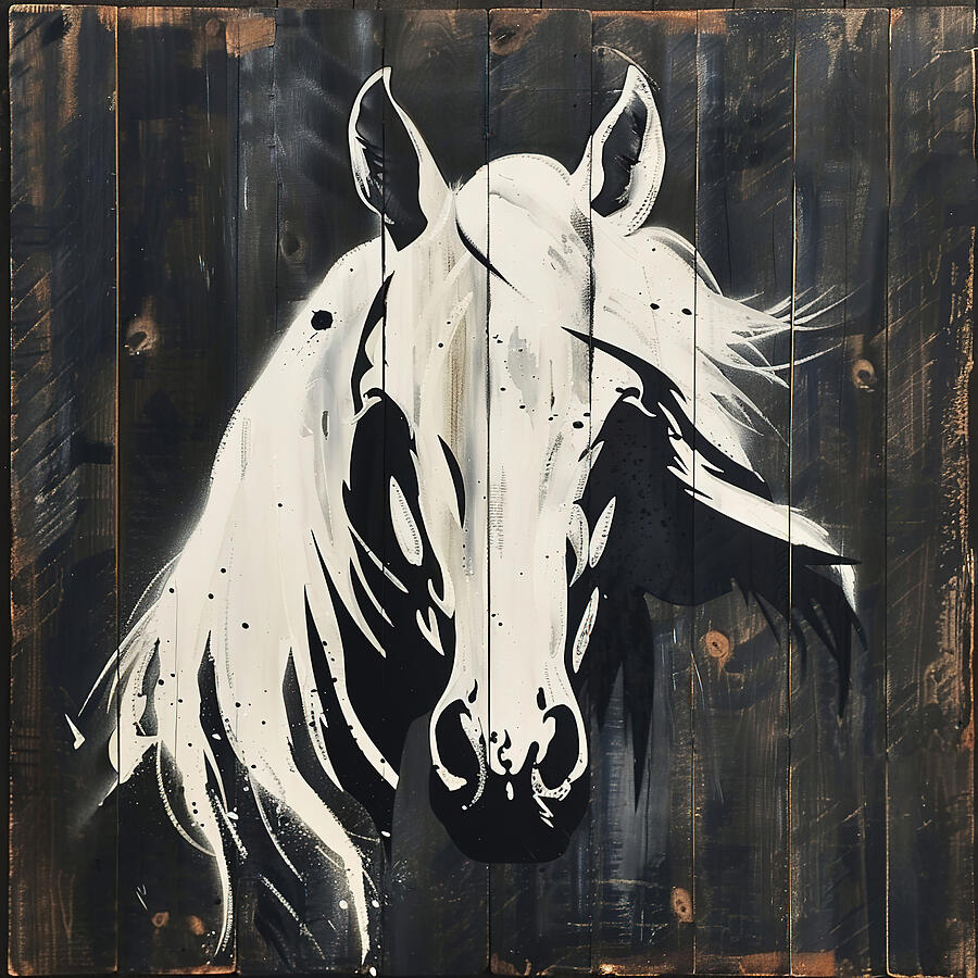 Mustang White Horse Wooden Plank Digital Art by Athena Mckinzie