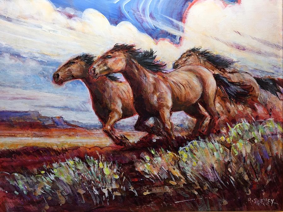 Mustangs running Painting by Ronald Shelley