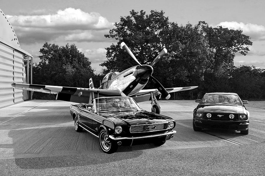 Mustangs With p51 Black and White Photograph by Gill Billington