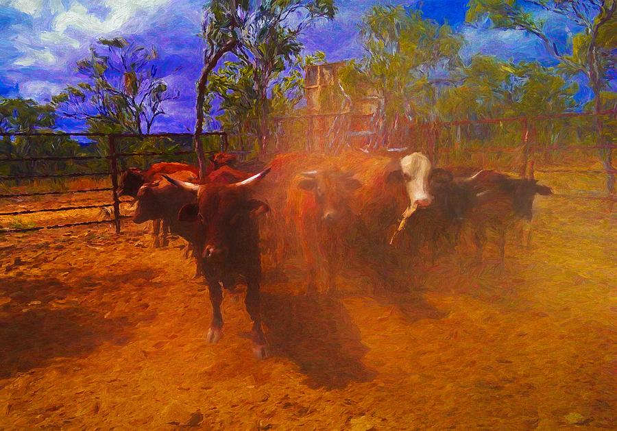 Mustered Cattle Kicking Up Dust Mixed Media by Joan Stratton
