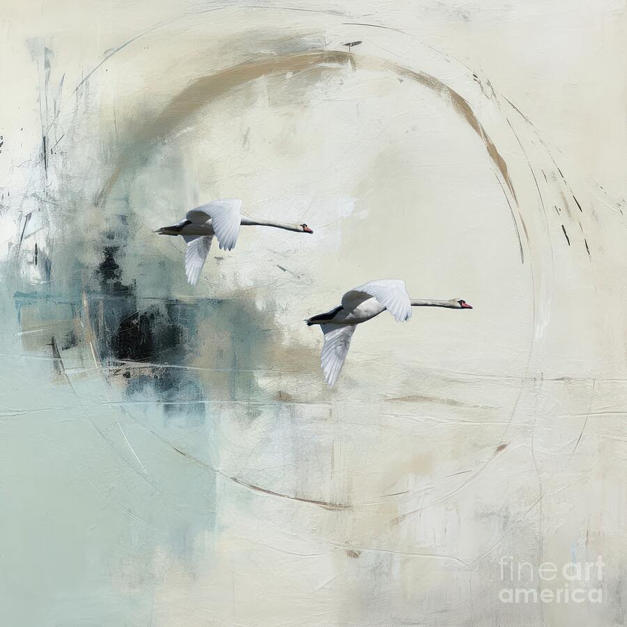 Mute Swans Flying Mixed Media by Eva Lechner