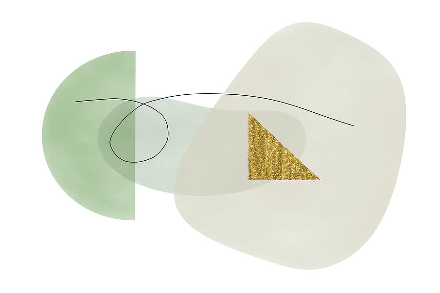 Muted Green Shapes with Gold Triangle Abstract Digital Art by Alison Frank
