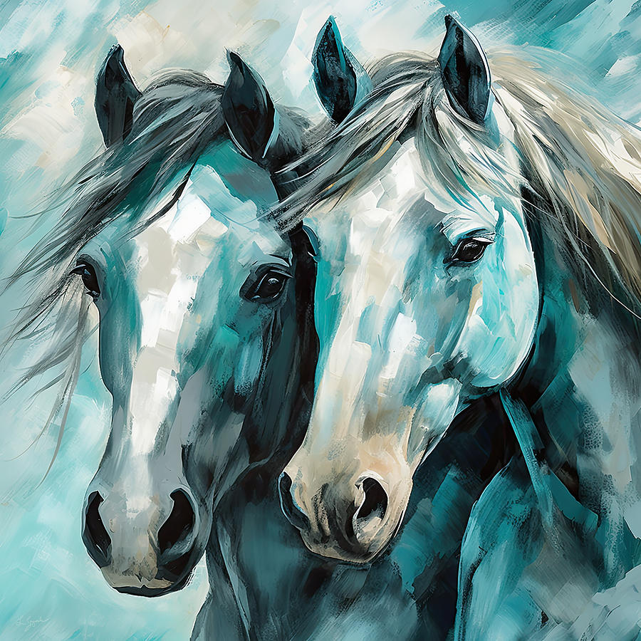 Blue And White Abstract Painting - Mutual Companions- Fine Art Horse Art by Lourry Legarde