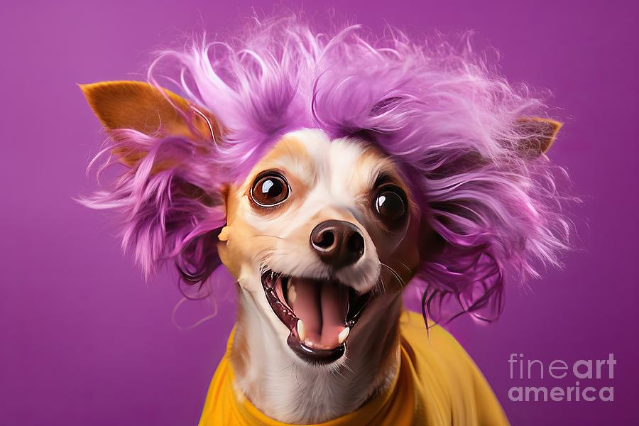 Cool Painting - muzzle pet Emotional background bright Yellow wig curly lilac face dog Surprised funny cute fun humor love sweet colourful doggy happiness happy jack russell joke joy terrier beauty clown violet by N Akkash