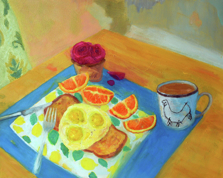 My Breakfast with Mischievous Chicken Painting by Joe DiSabatino