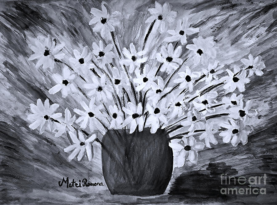 My Daisies Black and White version Painting by Ramona Matei