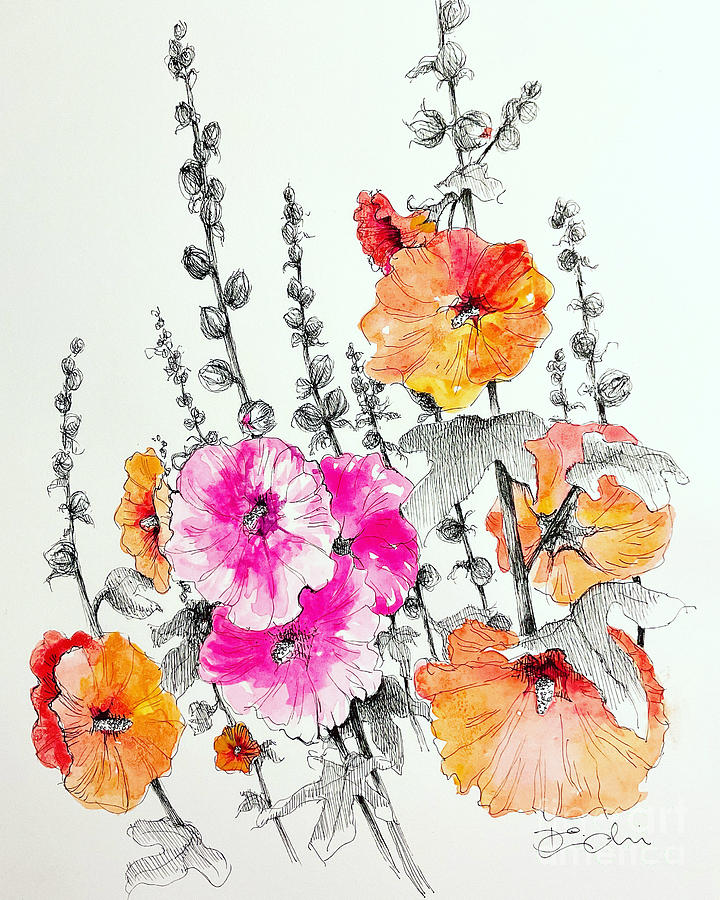 Flower Mixed Media - My favorite hollyhocks  by Dominique Eichi