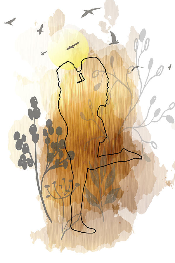 Sunset Drawing - My First Kiss, One Line Art Couple by Mounir Khalfouf