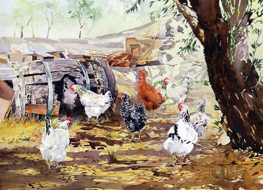 My Neighbours Hens Painting by Margaret Merry