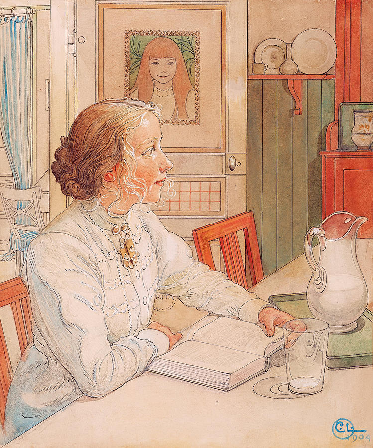 My oldest daughter, Suzanne with milk and Book Drawing by Carl Larsson