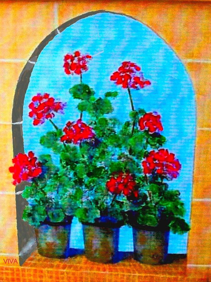 MY  Potted  Geraniums Painting by VIVA Anderson
