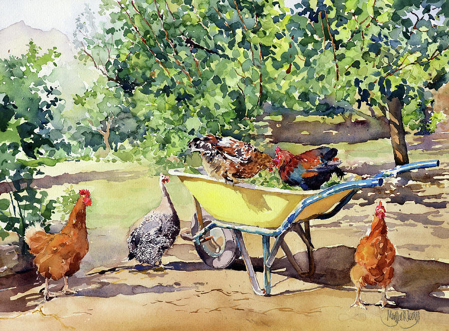 Tree Painting - My Poultry and Wheelbarrow by Margaret Merry