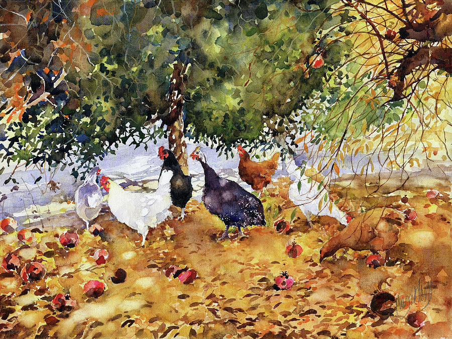 My Poultry Beneath a Pomegranate Tree Painting by Margaret Merry