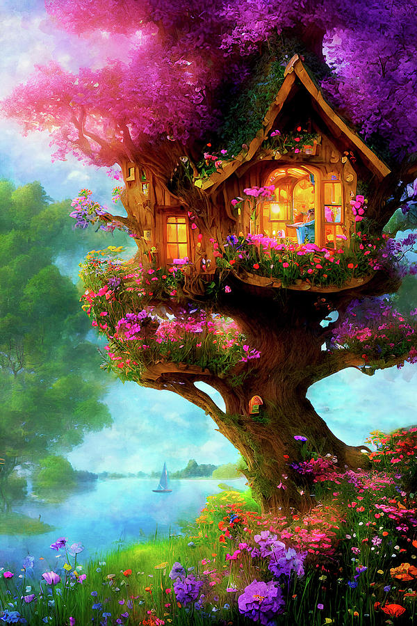 My Summer Treehouse by the Lake Digital Art by Peggy Collins