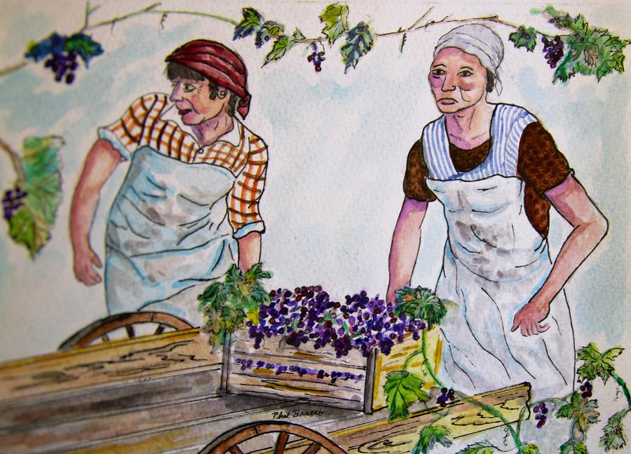 Two Women Picking Grapes In Italy 1940s Painting by Philip And Robbie Bracco