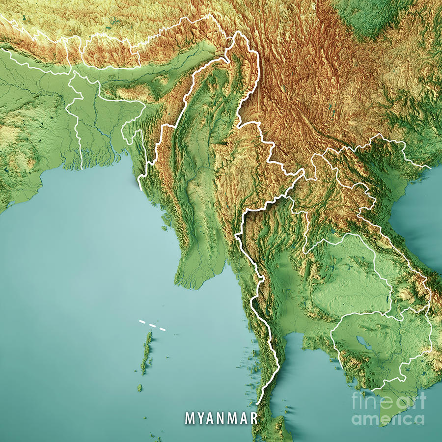 Myanmar 3D Render Topographic Map Color Border Digital Art By Frank   Myanmar 3d Render Topographic Map Color Border Frank Ramspott 