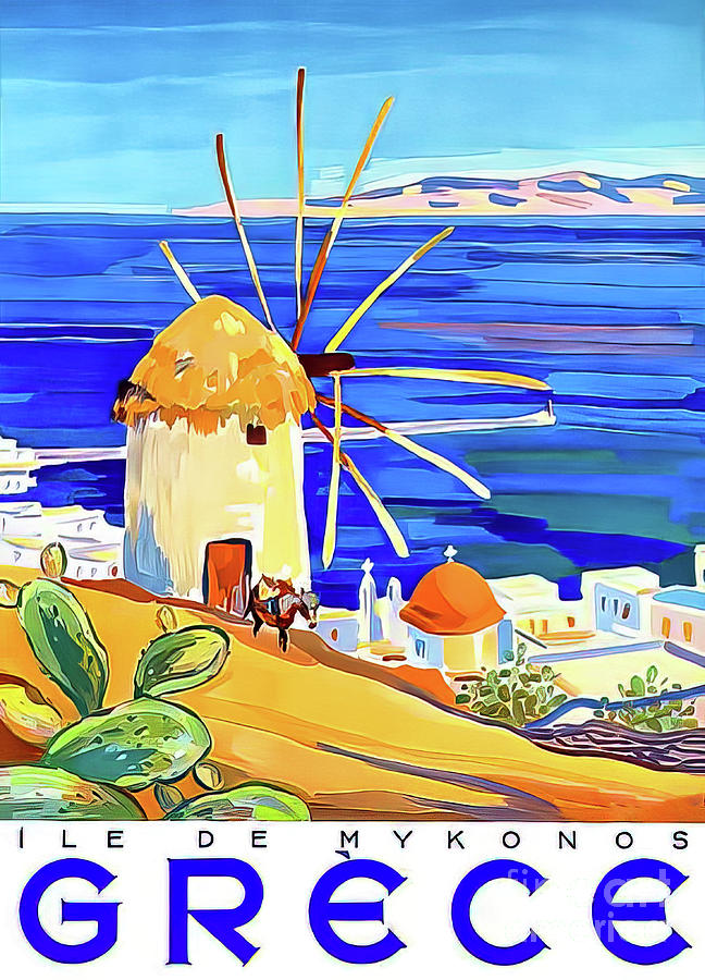 Mykonos Greece Travel Poster 1949 Drawing