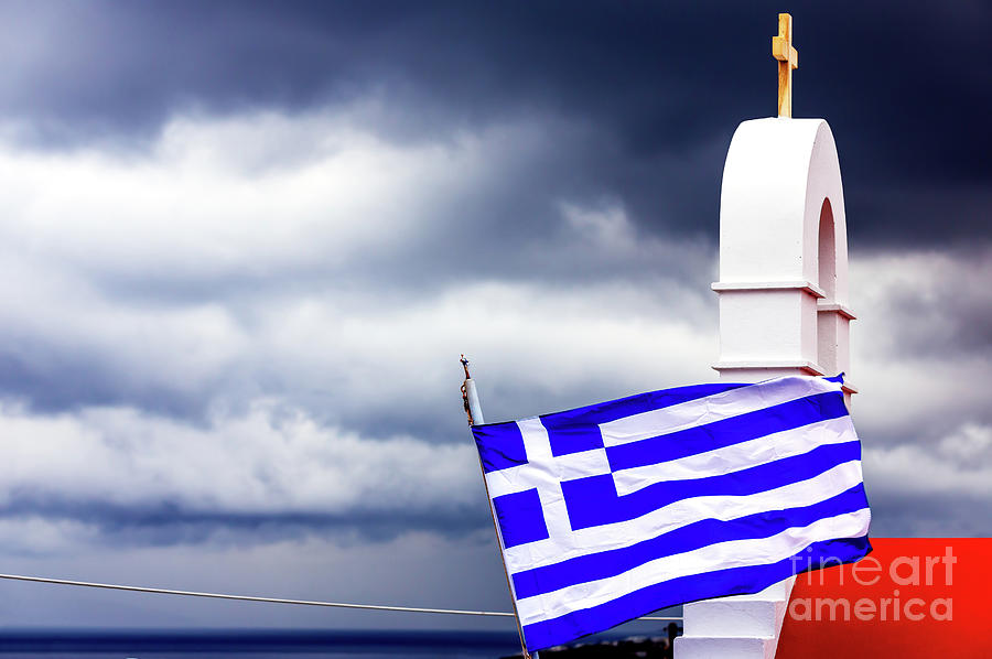 Mykonos Town Greek Flag on a Stormy Day Photograph by John Rizzuto