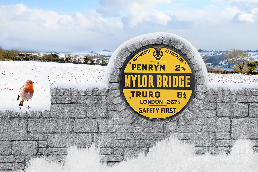 Snowy Mylor Bridge Sign With Robin And Creek Photograph
