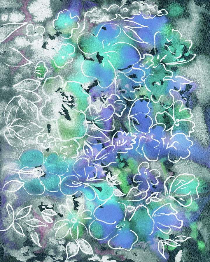 Mysterious Garden Flowers In Teal Blue Watercolor II Painting by Irina Sztukowski