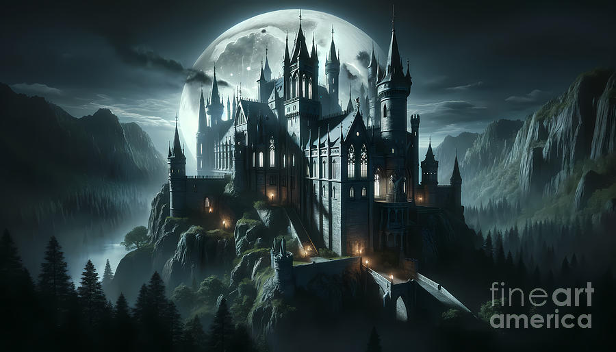 Castle Digital Art - Mysterious Gothic Castle, A dramatic moonlit view of a gothic castle by Jeff Creation
