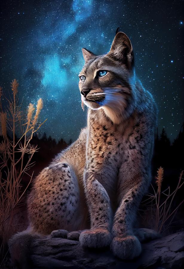 Mysterious Stalker - A Lynx under the Starry Sky Digital Art by Scott ...