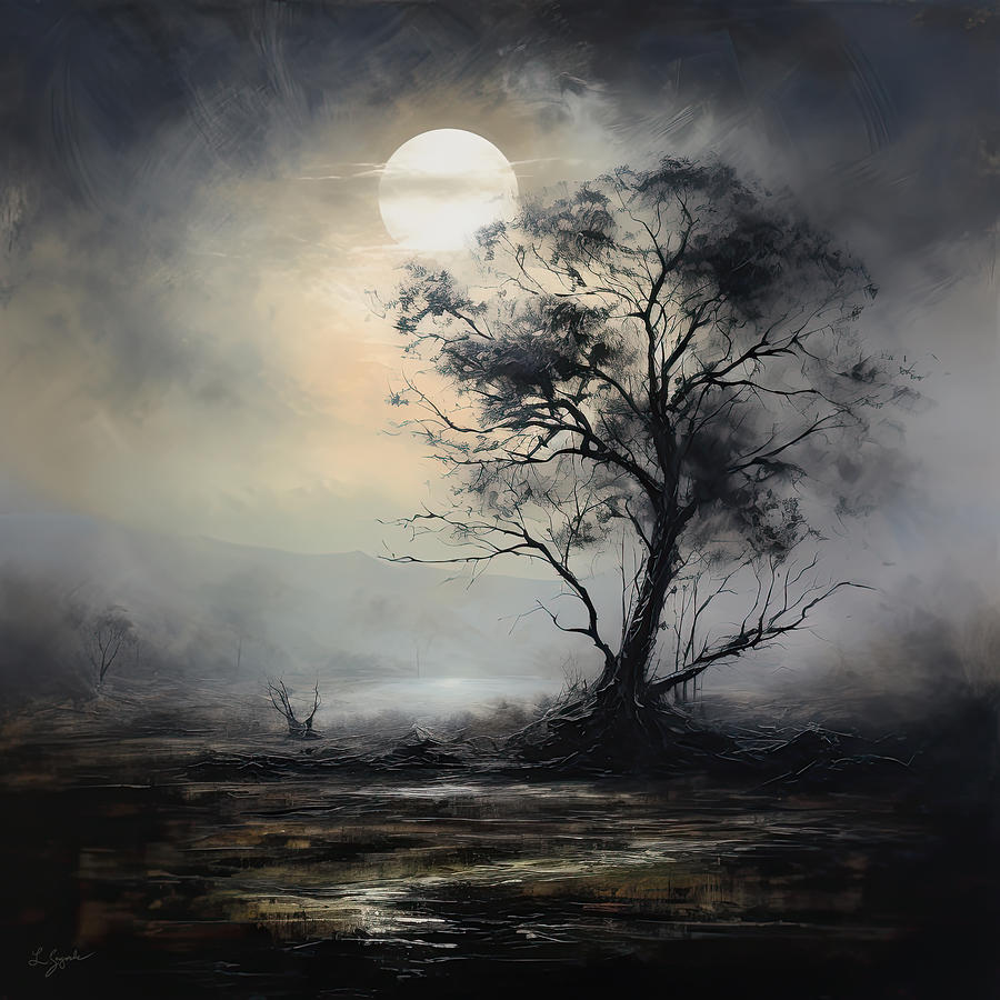 Yellow Painting - Mysterious Tree in the Moonlight by Lourry Legarde