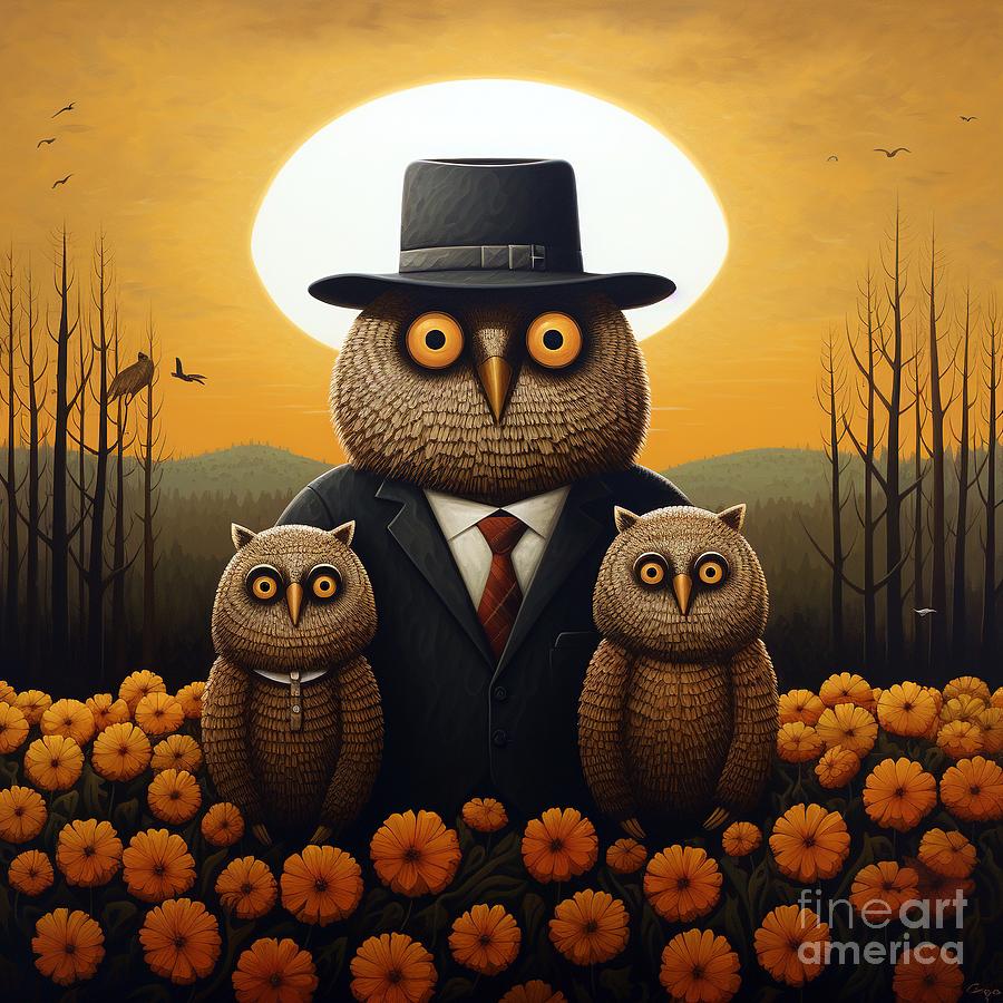 Mystic Guardians Suited Owl and Offspring in an Orange Twilight Painting by Vincent Monozlay