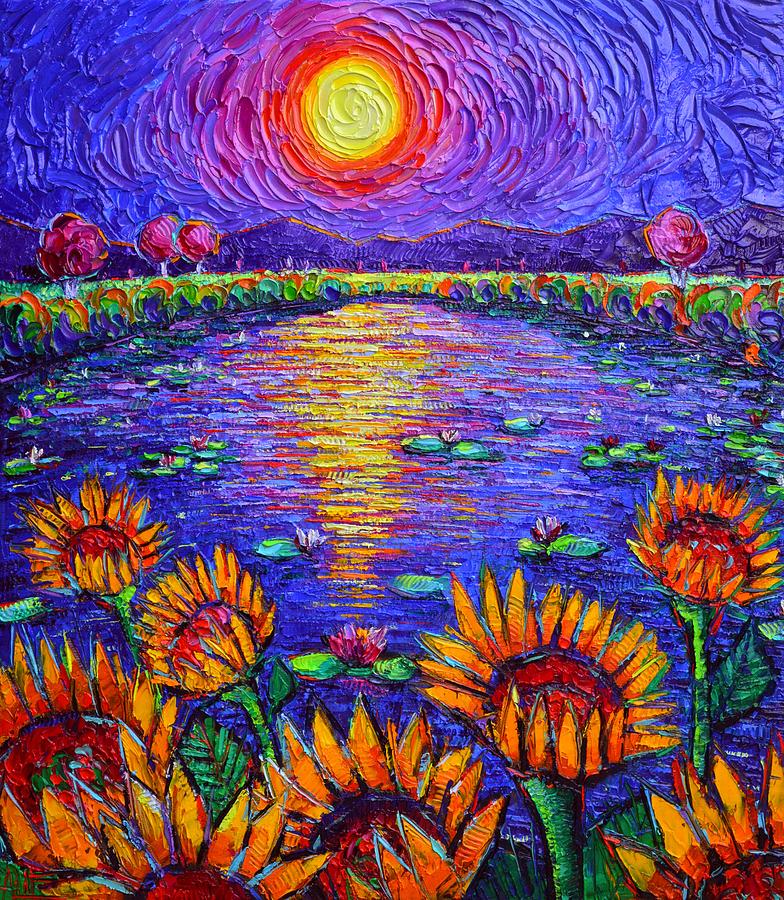 MYSTIC NIGHT sunflowers by waterlilies pond in moonlight palet knife oil painting Ana Maria Edulescu Painting by Ana Maria Edulescu