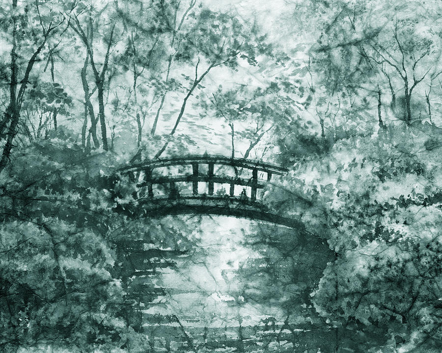 Mystic Pond With Bridge Watercolor Garden In Gray  Painting by Irina Sztukowski