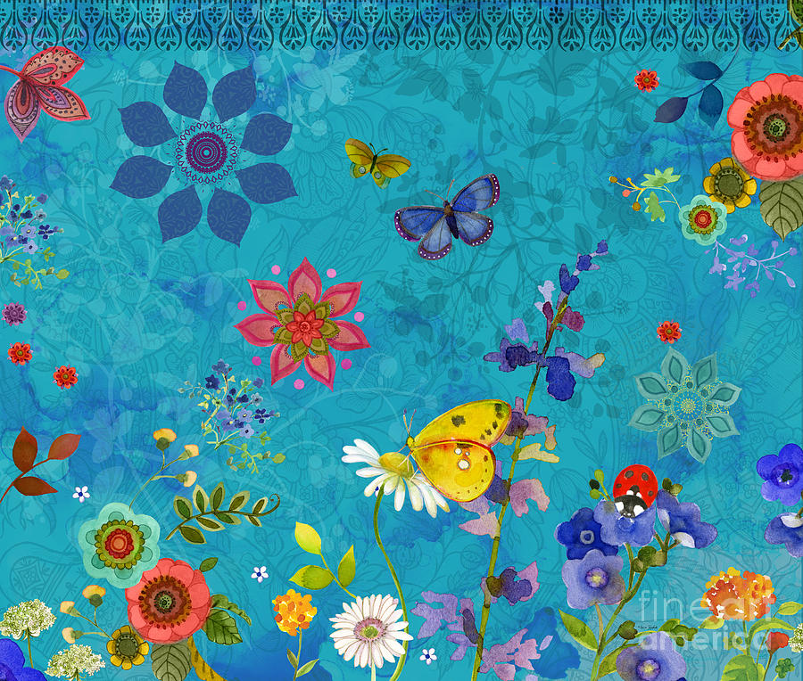 Mystical Bohemian  Floral Fantasy with Butterflies and a Lady Bug Painting by Sue Zipkin