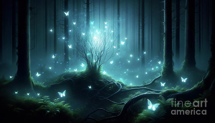 Mystical butterflies emit a soft glow as they flutter around a tree in a dark Digital Art by Odon Czintos