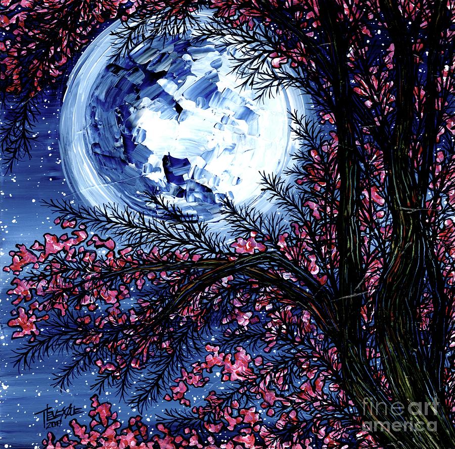 Mystical Cherry Blossom Moon Painting by Tracy Levesque