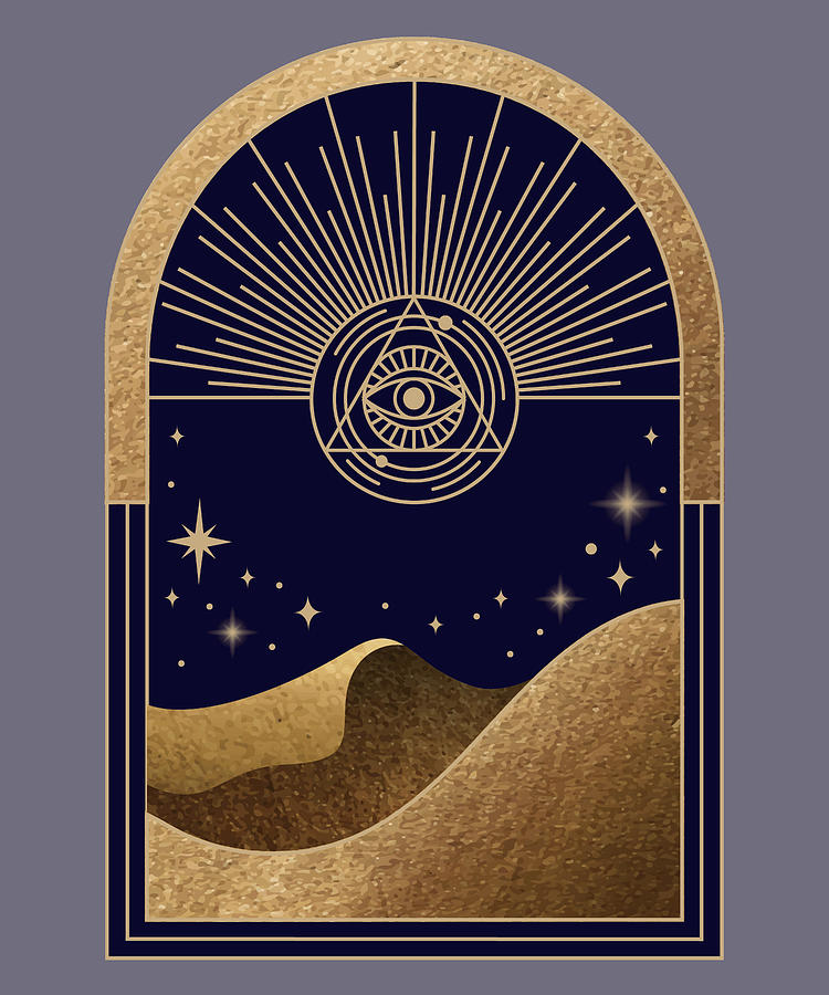 Mountain Digital Art - Mystical golden frame minimal style magical occult mystic elements evil eye stars and hills poster  by Mounir Khalfouf