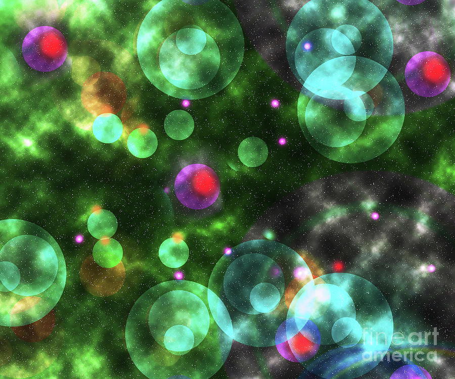 Mystical green and red lights and balls on an bokeh background. Digital Art by Timothy OLeary
