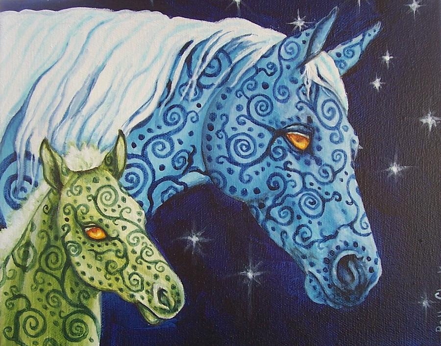 Fantasy Painting - Mystical Moon Horse Mare and Foal by Beth Clark-McDonal