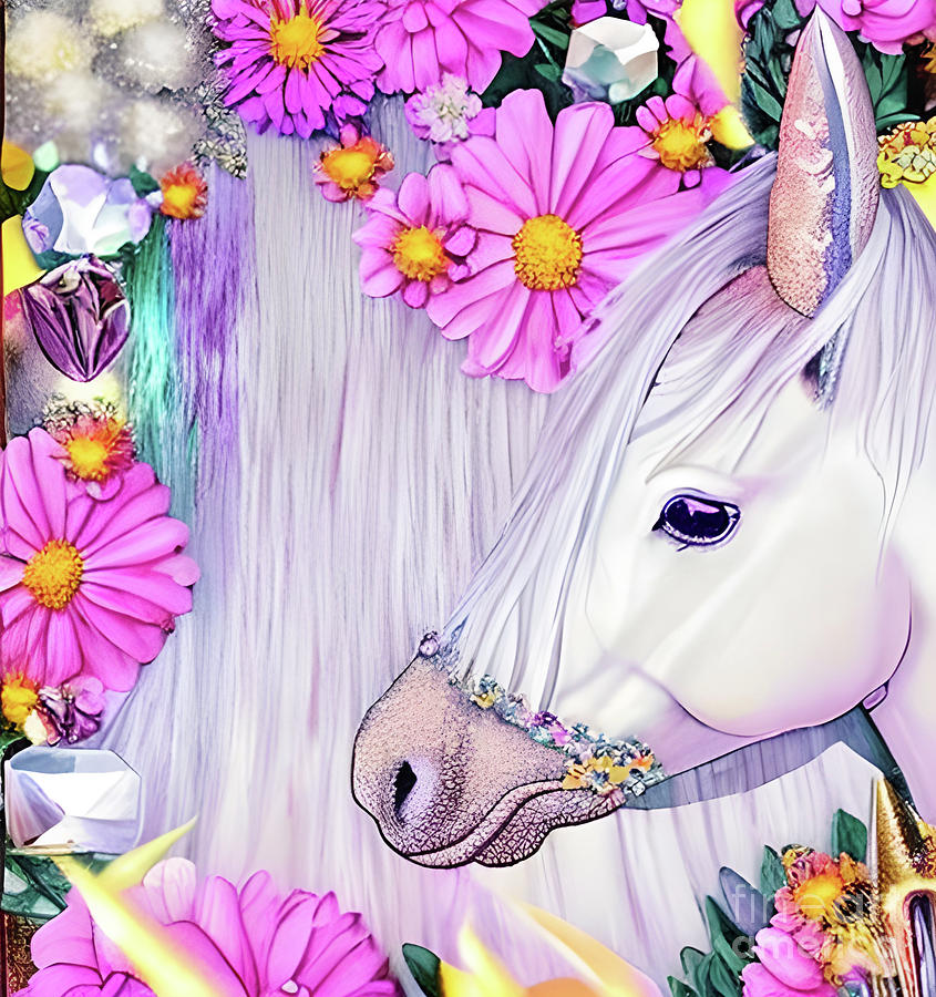 Flower Digital Art - Mystical White Horse with Daisies by Debra Miller