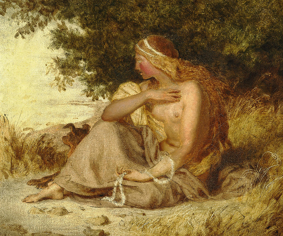Mythological female figure sitting on the beach with a pearl necklace in hand and a dog next to her Painting by Lorenz Frolich